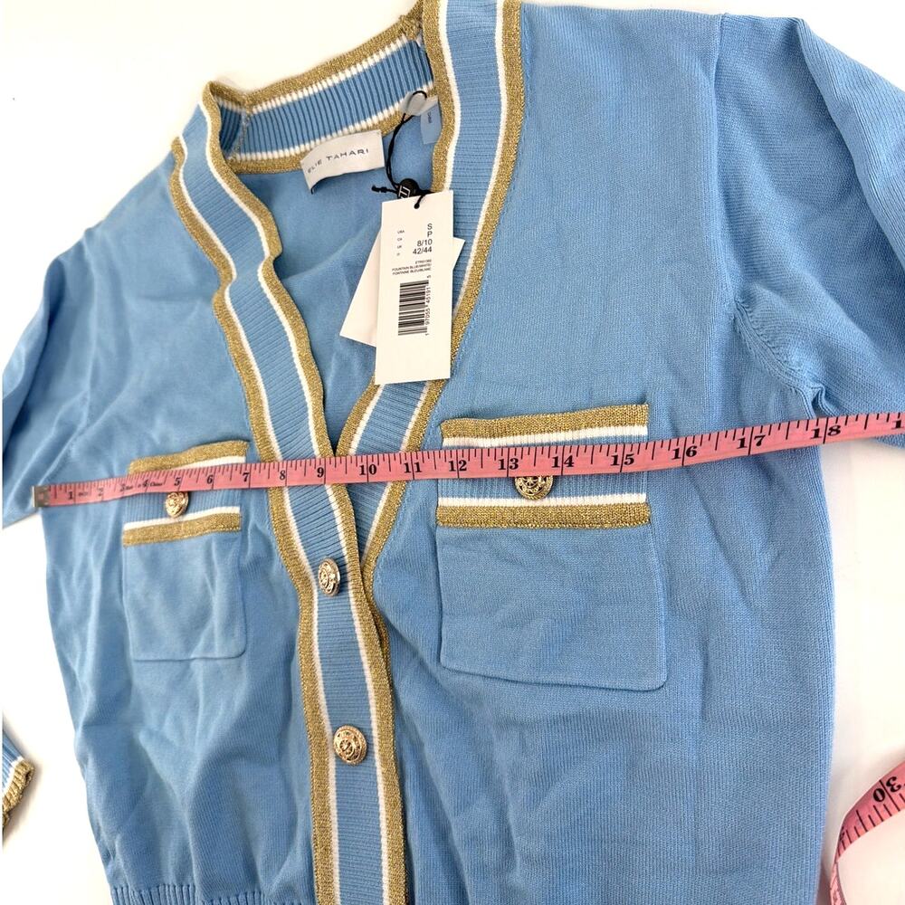 Elie Tahari Fountian Blue Gold Stripe The Kiva Shimmer-Trim Knit Cardigan Size S - Picture 8 of 11